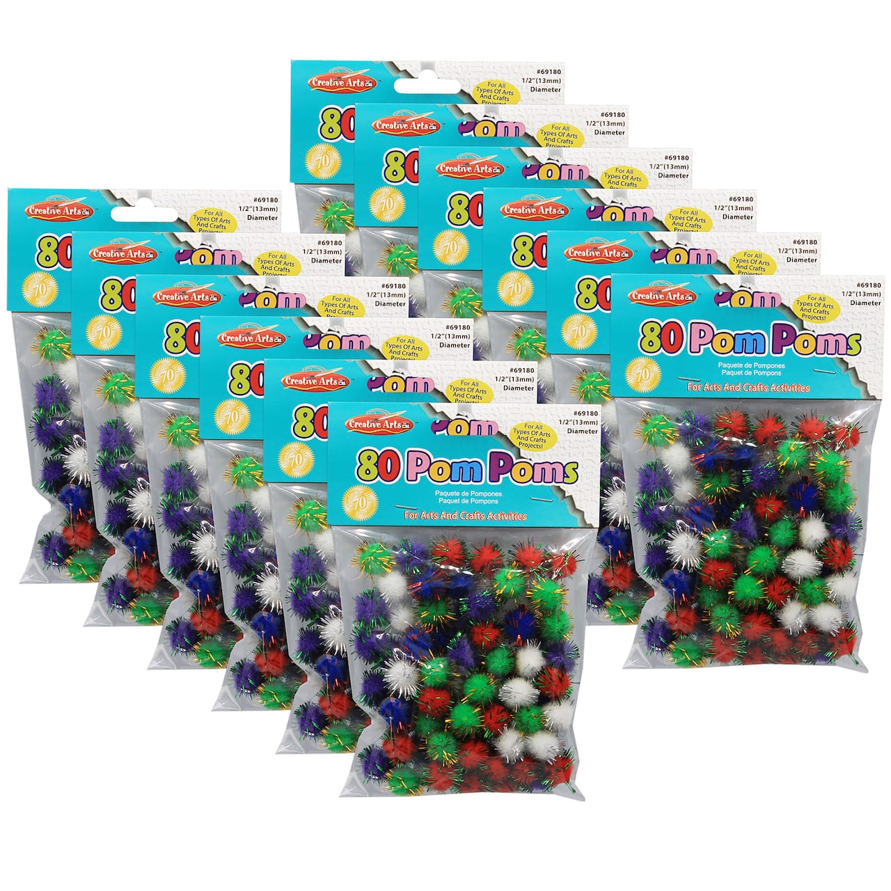 Creative Arts 2 Pack Assorted Glitter Colors 1/2 Pom-Poms, 160ct.